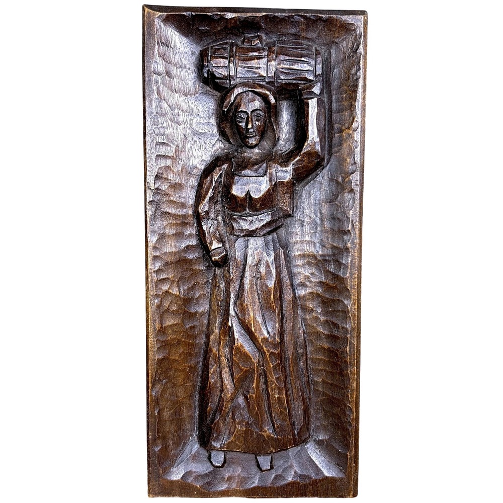 Folk Art Carved Wooden Relief Panel 14" Primitive Figure Rustic Decor